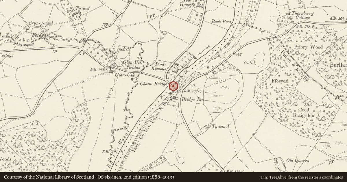 Ordnance Survey six-inch map, 2nd edition (1888–1913) covering the location of Chain Bridge (partly in Llanarth community), Gobion Fawr, Monmouthshire, with a pin at the register's coordinates