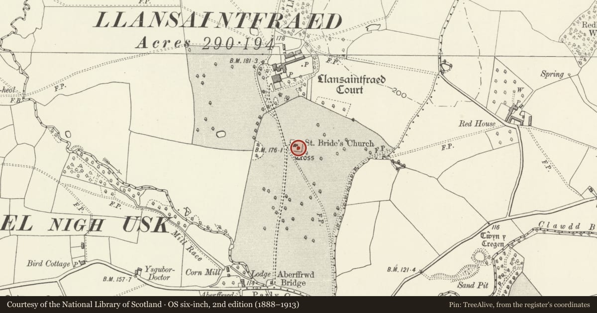 Ordnance Survey six-inch map, 2nd edition (1888–1913) covering the location of Cross in Churchyard of Church of St. Bride, Gobion Fawr, Monmouthshire, with a pin at the register's coordinates