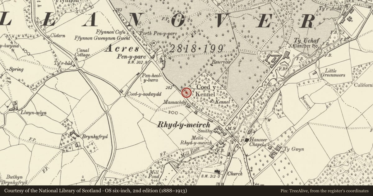 Ordnance Survey six-inch map, 2nd edition (1888–1913) covering the location of Dan-y-mur, Goetre Fawr, Monmouthshire, with a pin at the register's coordinates