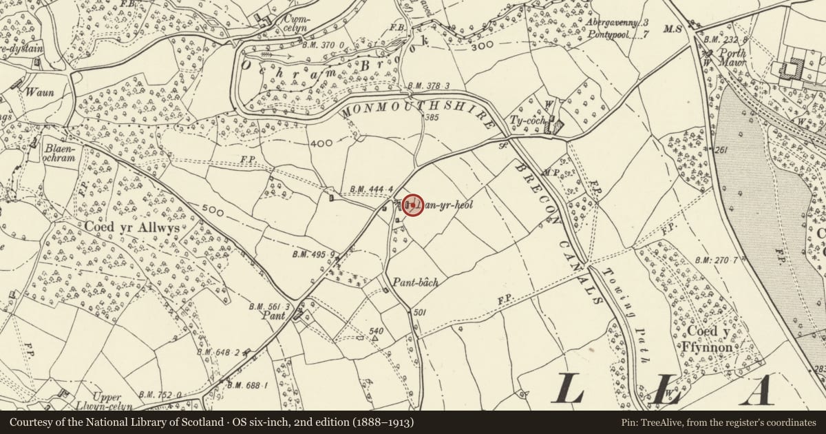 Ordnance Survey six-inch map, 2nd edition (1888–1913) covering the location of Dan-yr-heol, Goetre Fawr, Monmouthshire, with a pin at the register's coordinates
