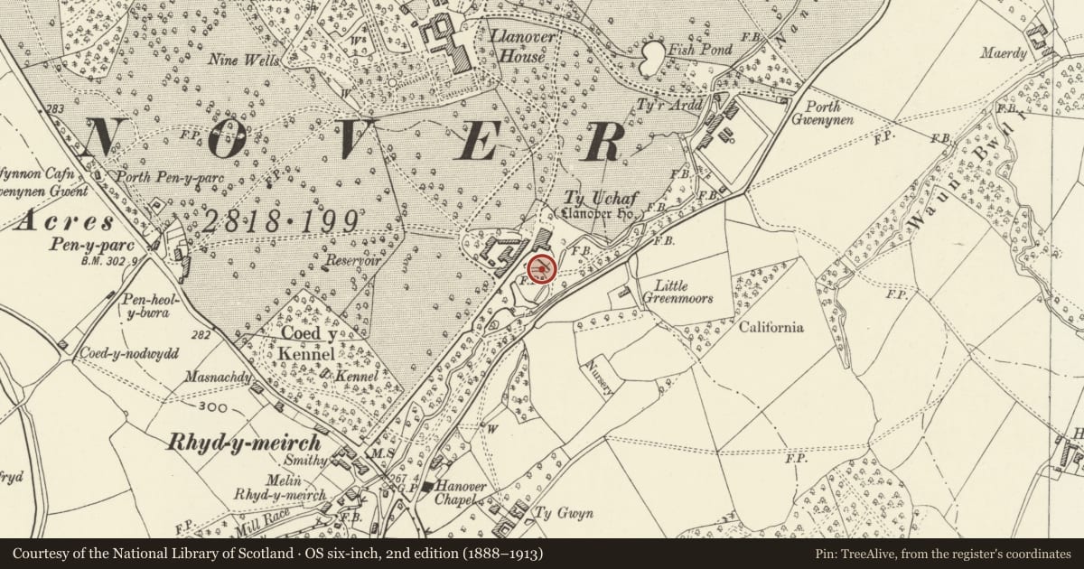 Ordnance Survey six-inch map, 2nd edition (1888–1913) covering the location of Dovecote at Ty Uchaf with flanking walls, Goetre Fawr, Monmouthshire, with a pin at the register's coordinates