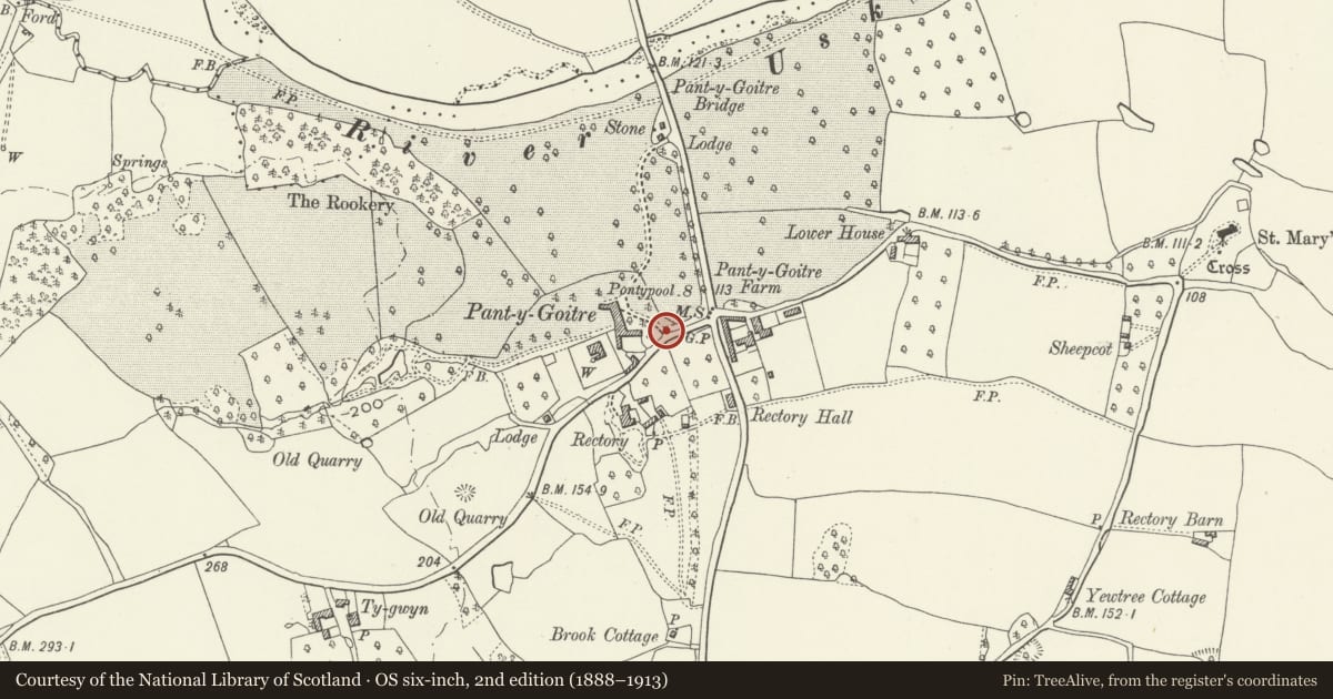 Ordnance Survey six-inch map, 2nd edition (1888–1913) covering the location of Entrance Gateway to Pant-y-Goitre, Gobion Fawr, Monmouthshire, with a pin at the register's coordinates