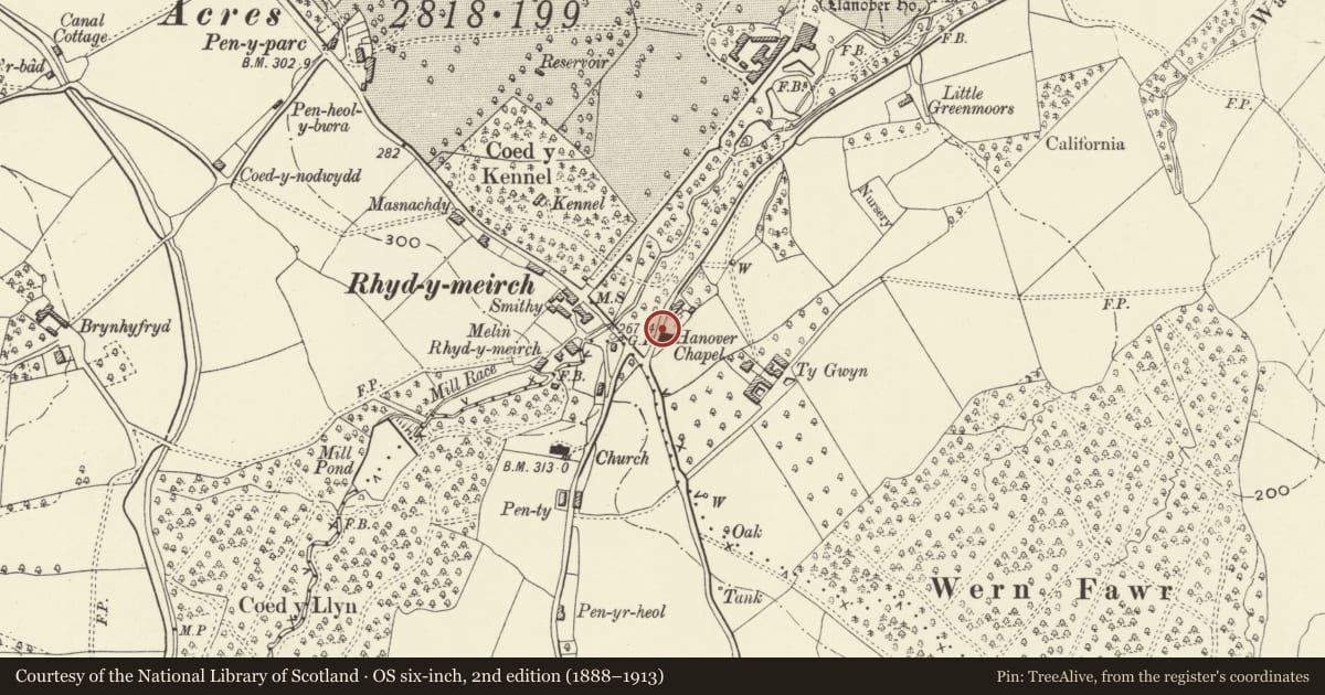 Ordnance Survey six-inch map, 2nd edition (1888–1913) covering the location of Gates and Gatepiers to Hanover Chapel, Goetre Fawr, Monmouthshire, with a pin at the register's coordinates