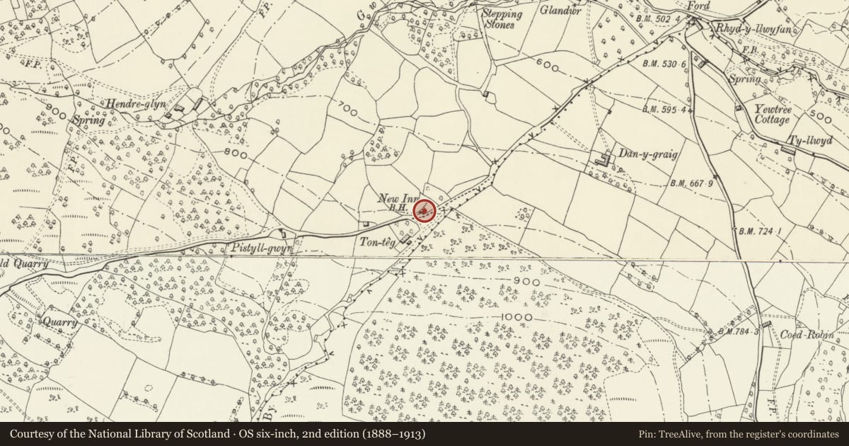 Ordnance Survey six-inch map, 2nd edition (1888–1913) covering the location of Goose and Cuckoo PH, Goetre Fawr, Monmouthshire, with a pin at the register's coordinates