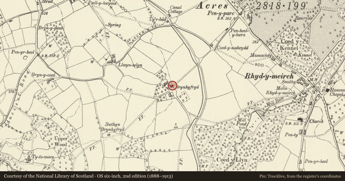 Ordnance Survey six-inch map, 2nd edition (1888–1913) covering the location of Granary/Stable at Bryn-hyfryd, Goetre Fawr, Monmouthshire, with a pin at the register's coordinates