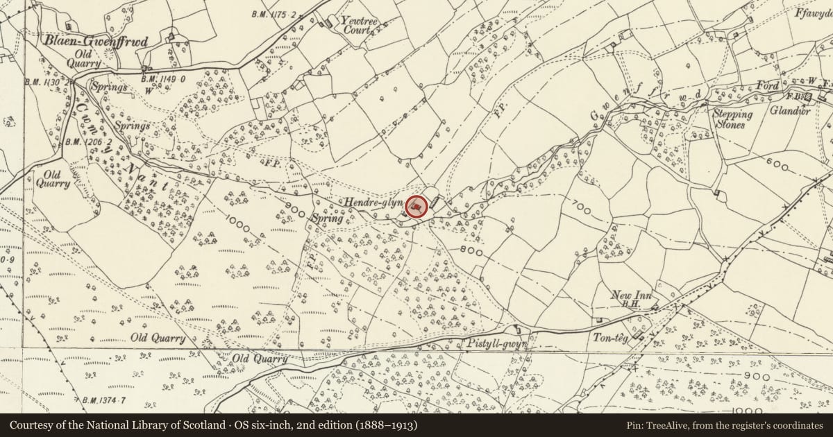 Ordnance Survey six-inch map, 2nd edition (1888–1913) covering the location of Hendre-glyn, Goetre Fawr, Monmouthshire, with a pin at the register's coordinates