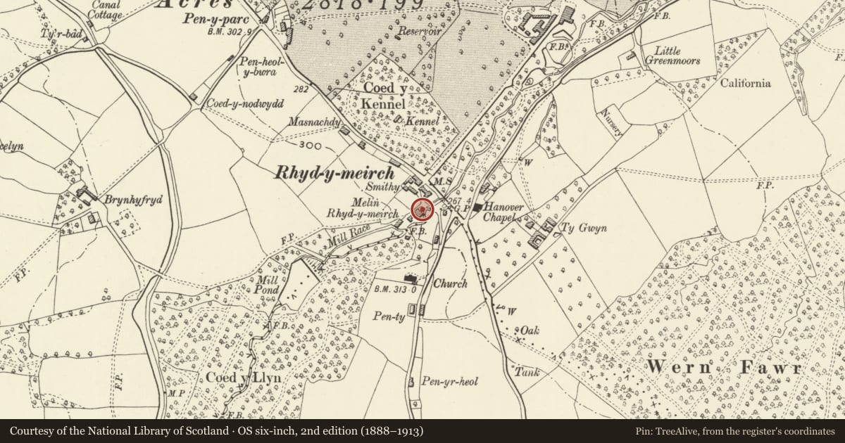 Ordnance Survey six-inch map, 2nd edition (1888–1913) covering the location of Y Gwesty, Goetre Fawr, Monmouthshire, with a pin at the register's coordinates