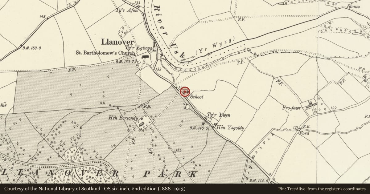 Ordnance Survey six-inch map, 2nd edition (1888–1913) covering the location of The Old Schoolhouse, Goetre Fawr, Monmouthshire, with a pin at the register's coordinates