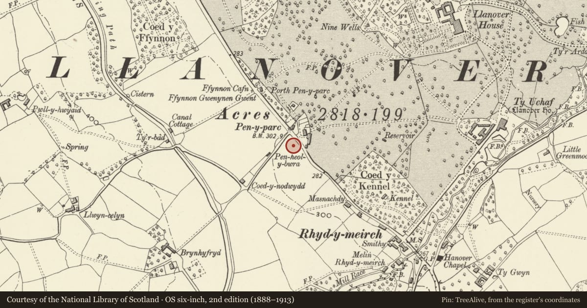 Ordnance Survey six-inch map, 2nd edition (1888–1913) covering the location of Llanover Police Station, Goetre Fawr, Monmouthshire, with a pin at the register's coordinates