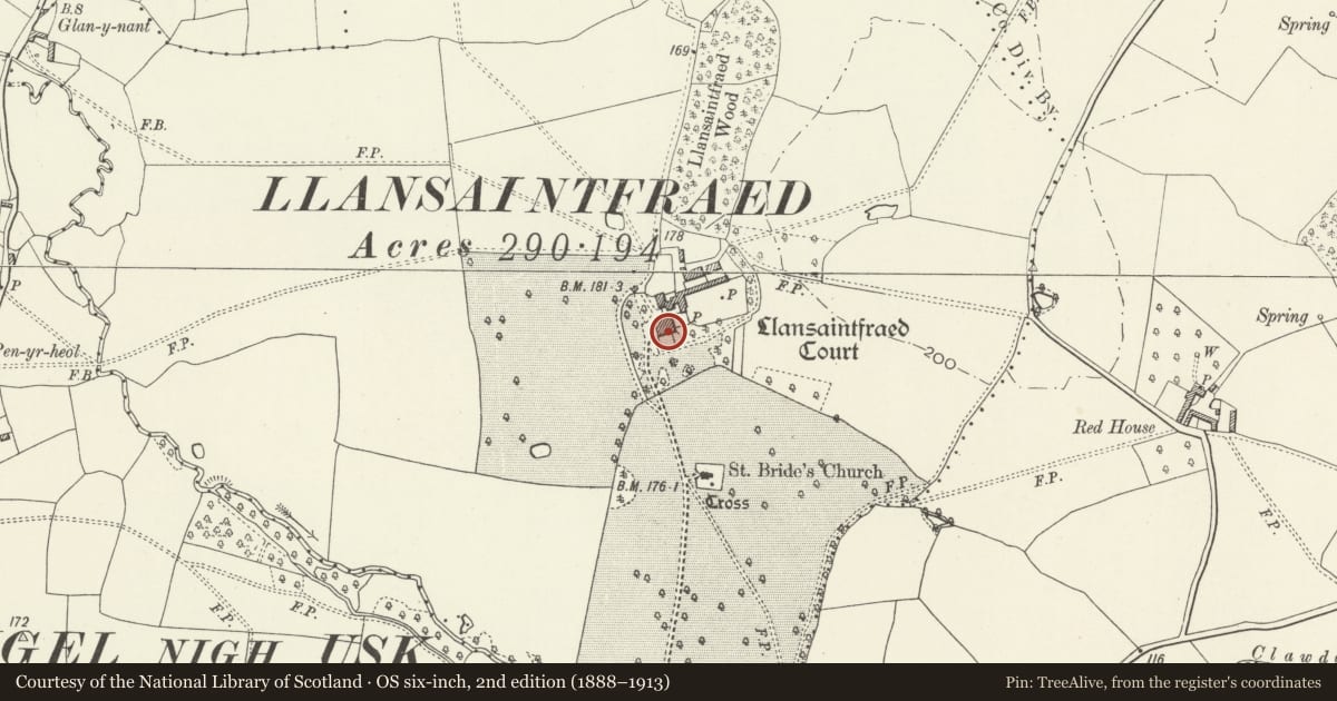 Ordnance Survey six-inch map, 2nd edition (1888–1913) covering the location of Llansantffraid Court Hotel, Gobion Fawr, Monmouthshire, with a pin at the register's coordinates