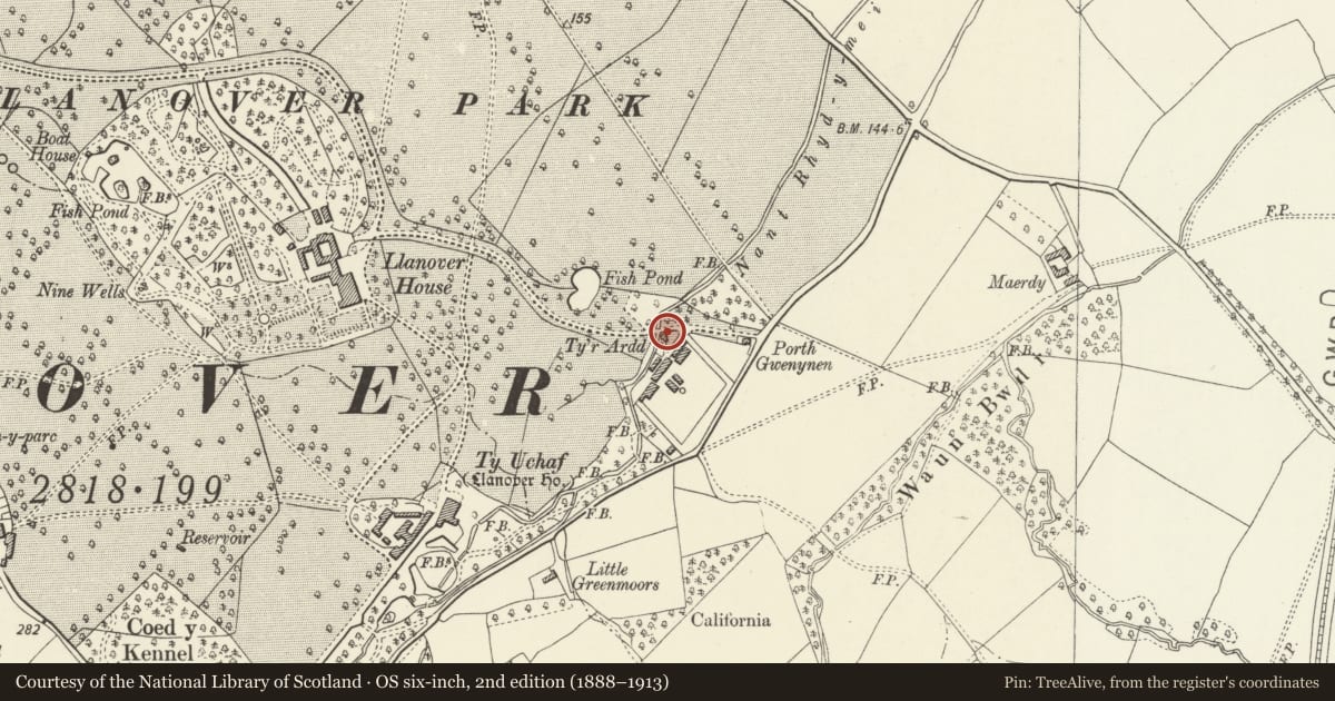 Ordnance Survey six-inch map, 2nd edition (1888–1913) covering the location of Tyr Ardd, Goetre Fawr, Monmouthshire, with a pin at the register's coordinates