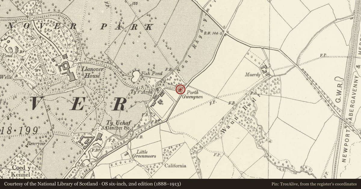 Ordnance Survey six-inch map, 2nd edition (1888–1913) covering the location of Porth Gwenynen, Goetre Fawr, Monmouthshire, with a pin at the register's coordinates