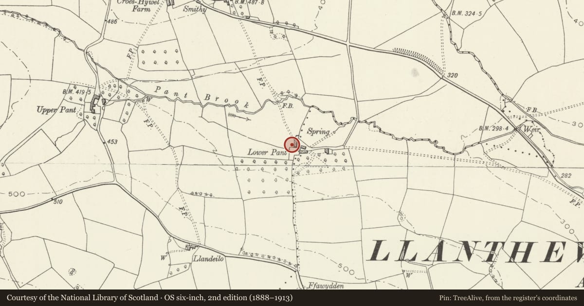 Ordnance Survey six-inch map, 2nd edition (1888–1913) covering the location of Lower Pant Farmhouse, Gobion Fawr, Monmouthshire, with a pin at the register's coordinates
