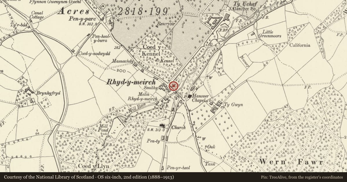 Ordnance Survey six-inch map, 2nd edition (1888–1913) covering the location of Milestone-Abergavenny 4, Goetre Fawr, Monmouthshire, with a pin at the register's coordinates