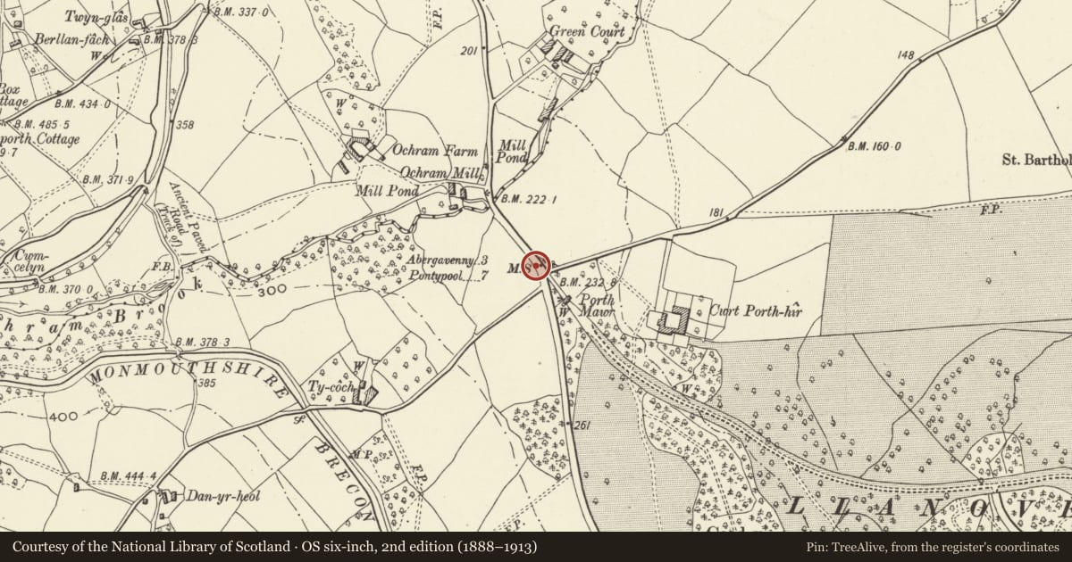 Ordnance Survey six-inch map, 2nd edition (1888–1913) covering the location of Milestone-Abergavenny 3, Goetre Fawr, Monmouthshire, with a pin at the register's coordinates