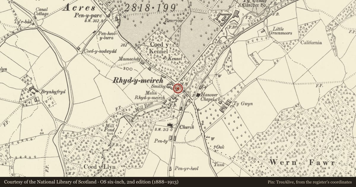 Ordnance Survey six-inch map, 2nd edition (1888–1913) covering the location of Mill House, Goetre Fawr, Monmouthshire, with a pin at the register's coordinates