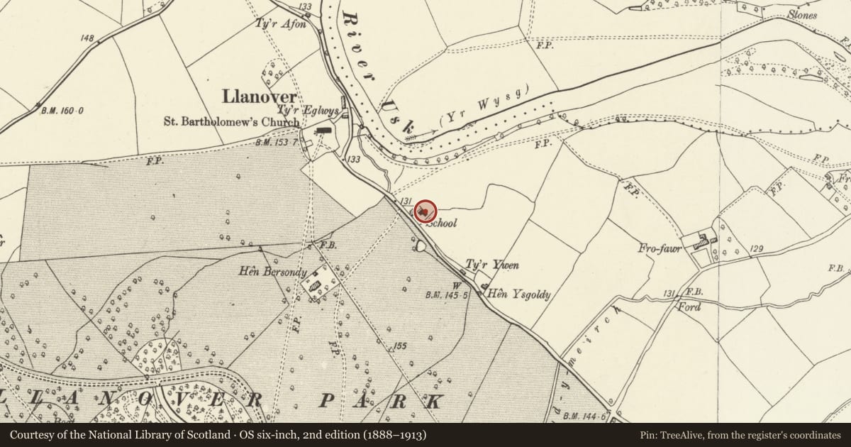 Ordnance Survey six-inch map, 2nd edition (1888–1913) covering the location of The Old School, Goetre Fawr, Monmouthshire, with a pin at the register's coordinates