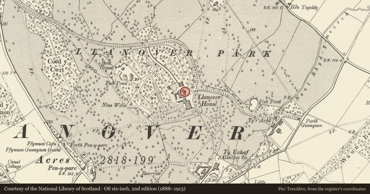 Ordnance Survey six-inch map, 2nd edition (1888–1913) covering the location of Old Stable Block (ruin) at Llanover Park, Goetre Fawr, Monmouthshire, with a pin at the register's coordinates