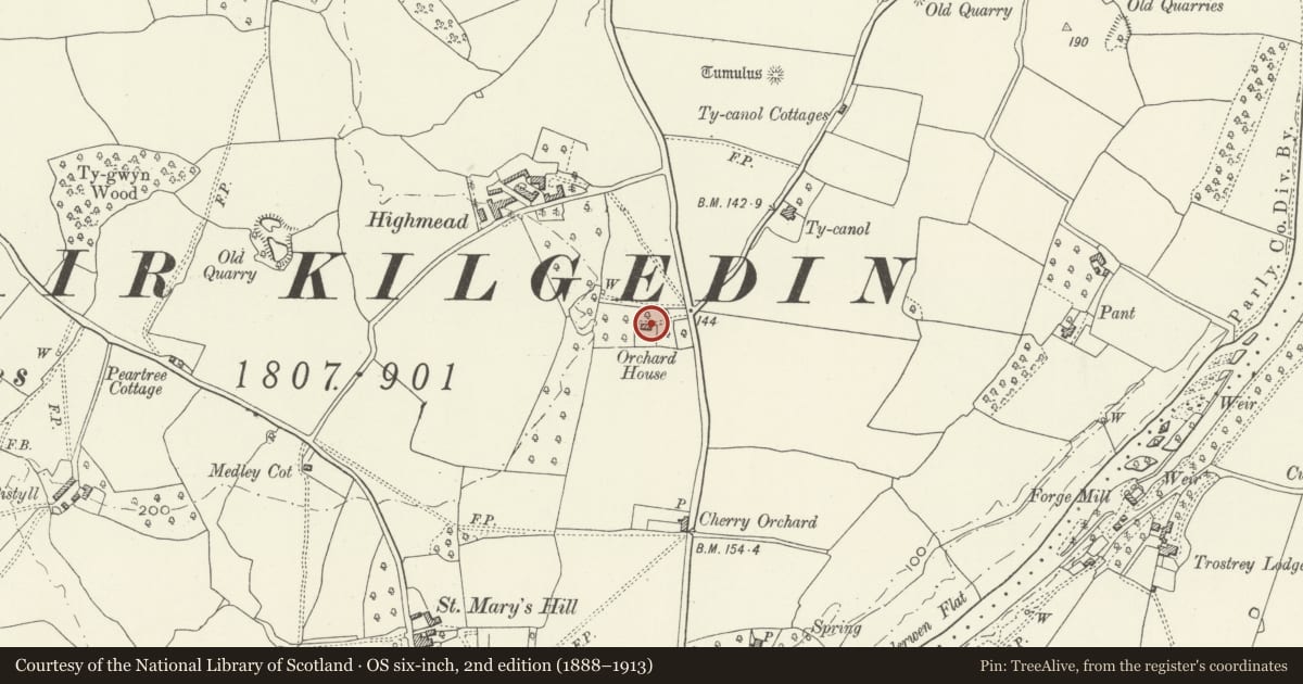 Ordnance Survey six-inch map, 2nd edition (1888–1913) covering the location of Orchard House, Gobion Fawr, Monmouthshire, with a pin at the register's coordinates