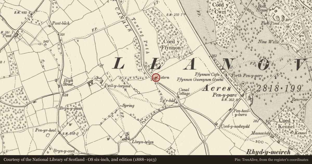 Ordnance Survey six-inch map, 2nd edition (1888–1913) covering the location of Overflow on Monmouthshire and Brecon Canal between Bridges 82 and 83, Goetre Fawr, Monmouthshire, with a pin at the register's coordinates
