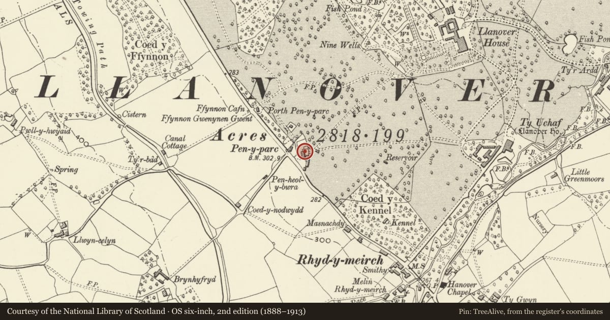 Ordnance Survey six-inch map, 2nd edition (1888–1913) covering the location of Ty-saer-maen, Goetre Fawr, Monmouthshire, with a pin at the register's coordinates