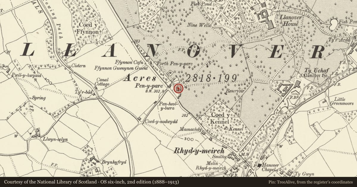Ordnance Survey six-inch map, 2nd edition (1888–1913) covering the location of Ty-saer-coed, Goetre Fawr, Monmouthshire, with a pin at the register's coordinates