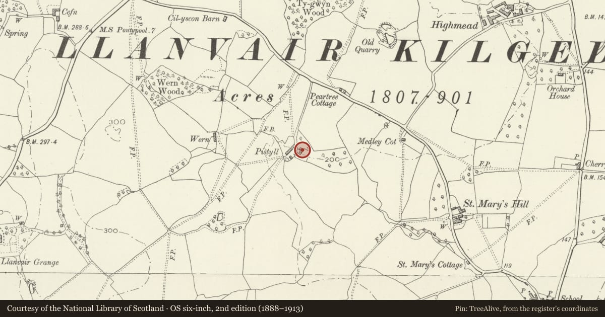 Ordnance Survey six-inch map, 2nd edition (1888–1913) covering the location of Pistyll, Gobion Fawr, Monmouthshire, with a pin at the register's coordinates