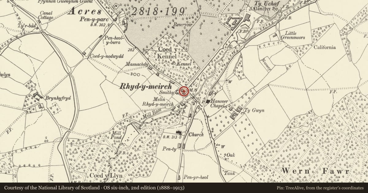 Ordnance Survey six-inch map, 2nd edition (1888–1913) covering the location of Pen Cefyl, Goetre Fawr, Monmouthshire, with a pin at the register's coordinates