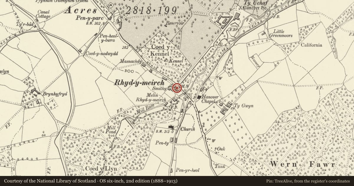Ordnance Survey six-inch map, 2nd edition (1888–1913) covering the location of Pen Cefyl, Goetre Fawr, Monmouthshire, with a pin at the register's coordinates