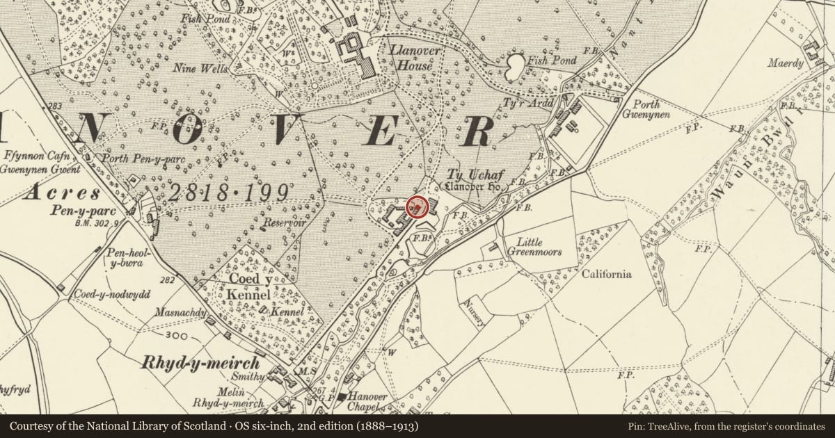 Ordnance Survey six-inch map, 2nd edition (1888–1913) covering the location of Stable Block at Ty Uchaf, Goetre Fawr, Monmouthshire, with a pin at the register's coordinates