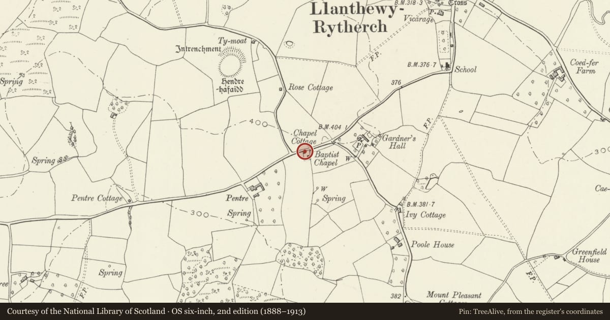 Ordnance Survey six-inch map, 2nd edition (1888–1913) covering the location of Street Wall, Gatepiers and Gates of Llanddewi Rhydderch Baptist Chapel, Gobion Fawr, Monmouthshire, with a pin at the register's coordinates