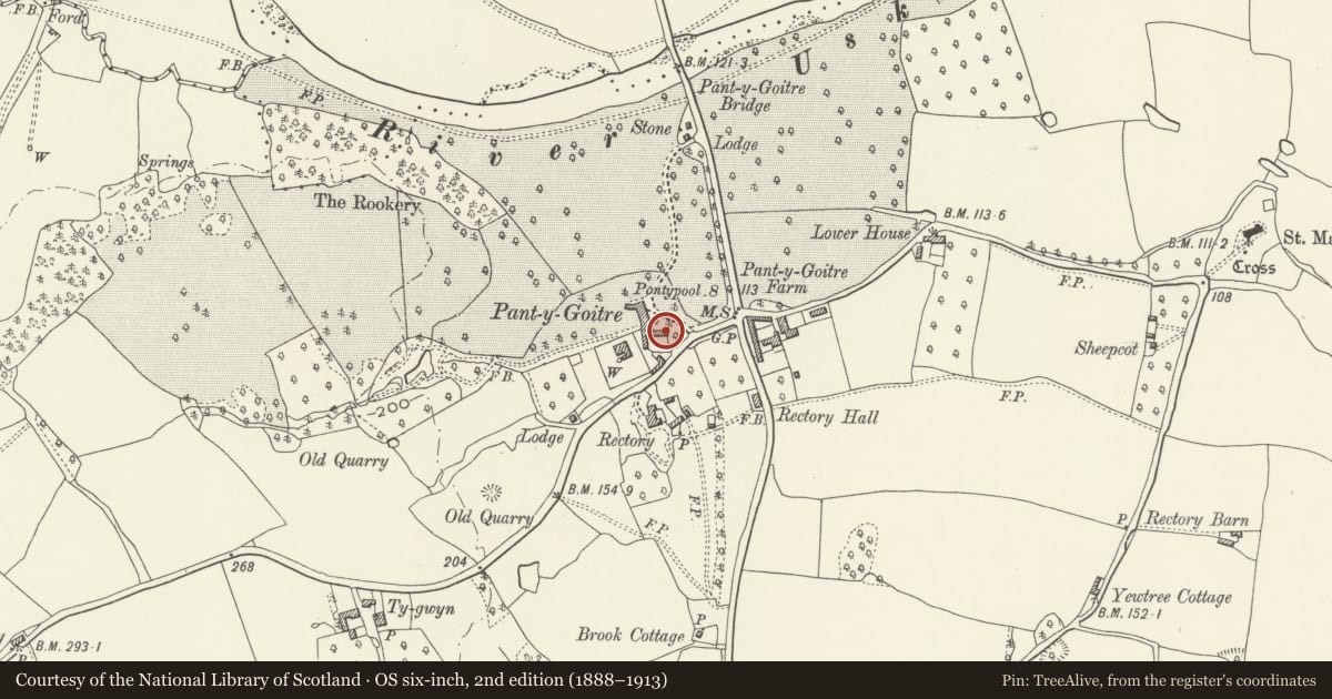 Ordnance Survey six-inch map, 2nd edition (1888–1913) covering the location of The Coach House, Pant-y-Goitre, Gobion Fawr, Monmouthshire, with a pin at the register's coordinates
