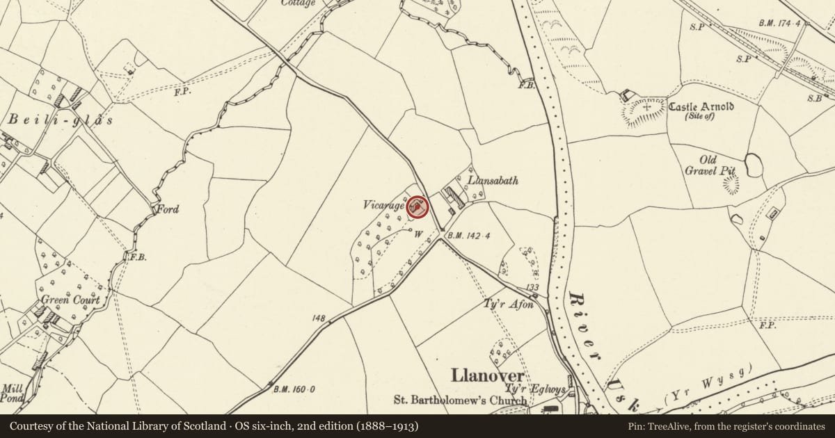 Ordnance Survey six-inch map, 2nd edition (1888–1913) covering the location of The Old Vicarage, Goetre Fawr, Monmouthshire, with a pin at the register's coordinates