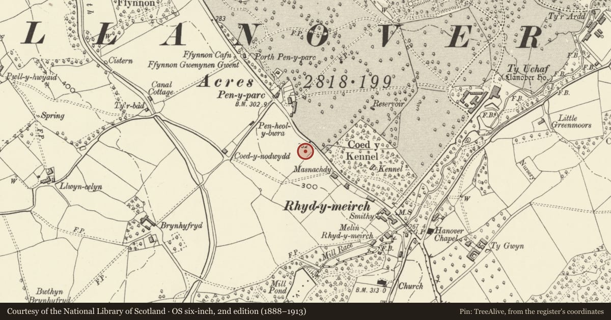 Ordnance Survey six-inch map, 2nd edition (1888–1913) covering the location of Tre-Elidyr, Goetre Fawr, Monmouthshire, with a pin at the register's coordinates