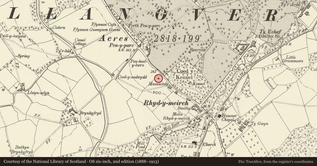 Ordnance Survey six-inch map, 2nd edition (1888–1913) covering the location of Tre-Elidyr, Goetre Fawr, Monmouthshire, with a pin at the register's coordinates