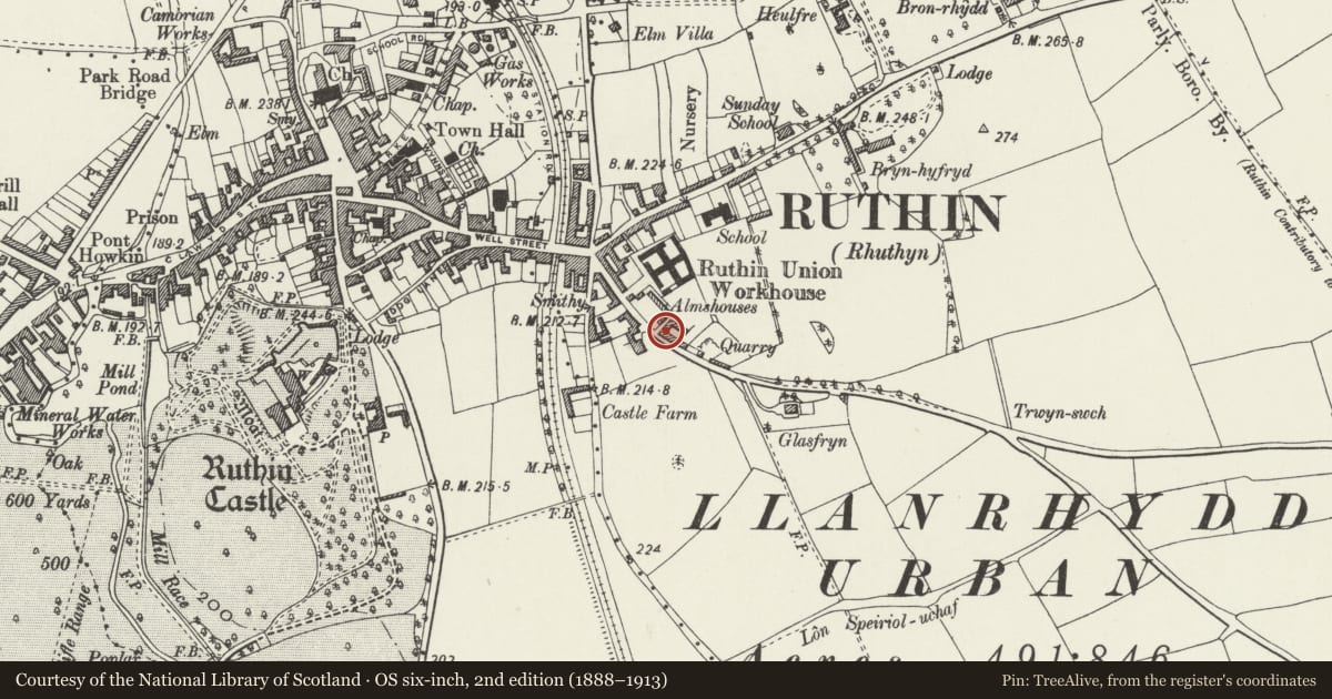 Ordnance Survey six-inch map, 2nd edition (1888–1913) covering the location of Stanley House, Ruthin, Denbighshire, with a pin at the register's coordinates
