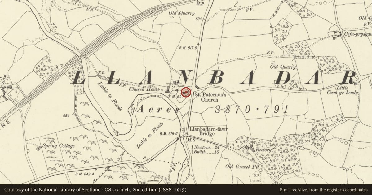 Ordnance Survey six-inch map, 2nd edition (1888–1913) covering the location of Church of St Padarn, Llanbadarn Fawr, Powys, with a pin at the register's coordinates