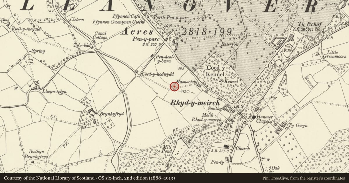 Ordnance Survey six-inch map, 2nd edition (1888–1913) covering the location of Tre-Elidyr, Goetre Fawr, Monmouthshire, with a pin at the register's coordinates