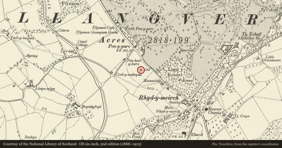 Ordnance Survey six-inch map, 2nd edition (1888–1913) covering the location of Tre-Elidyr, Goetre Fawr, Monmouthshire, with a pin at the register's coordinates