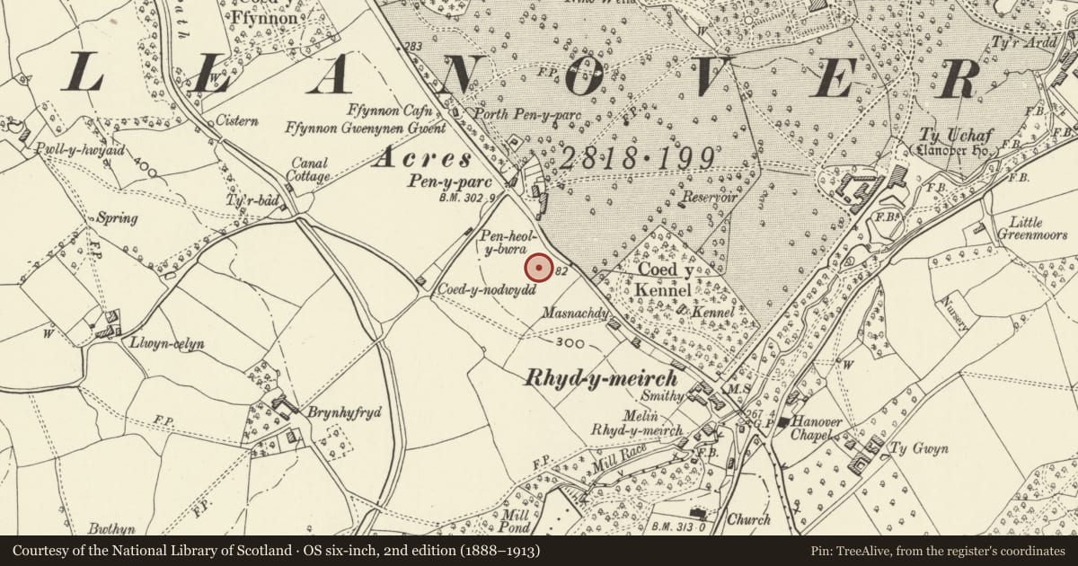 Ordnance Survey six-inch map, 2nd edition (1888–1913) covering the location of Tre-Elidyr, Goetre Fawr, Monmouthshire, with a pin at the register's coordinates