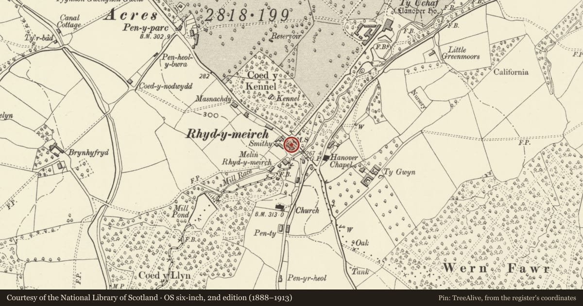 Ordnance Survey six-inch map, 2nd edition (1888–1913) covering the location of Pen Cefyl, Goetre Fawr, Monmouthshire, with a pin at the register's coordinates