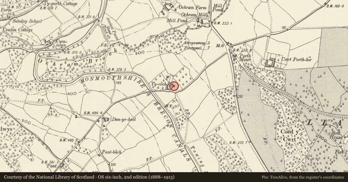 Ordnance Survey six-inch map, 2nd edition (1888–1913) covering the location of Ty-coch, including attached Granary and Outhouse, Goetre Fawr, Monmouthshire, with a pin at the register's coordinates
