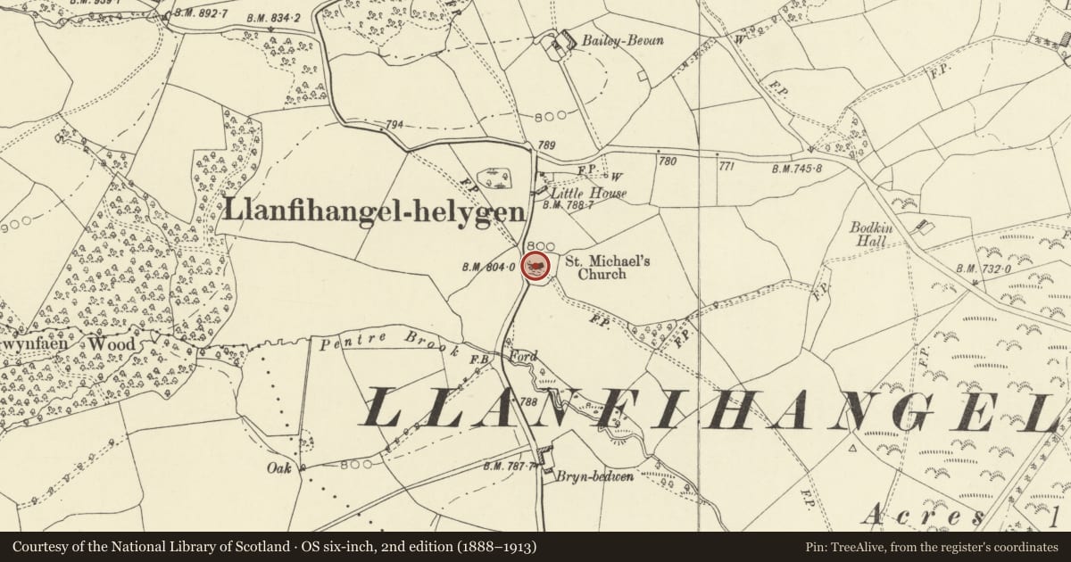 Ordnance Survey six-inch map, 2nd edition (1888–1913) covering the location of Church of St Michael, Llanyre, Powys, with a pin at the register's coordinates