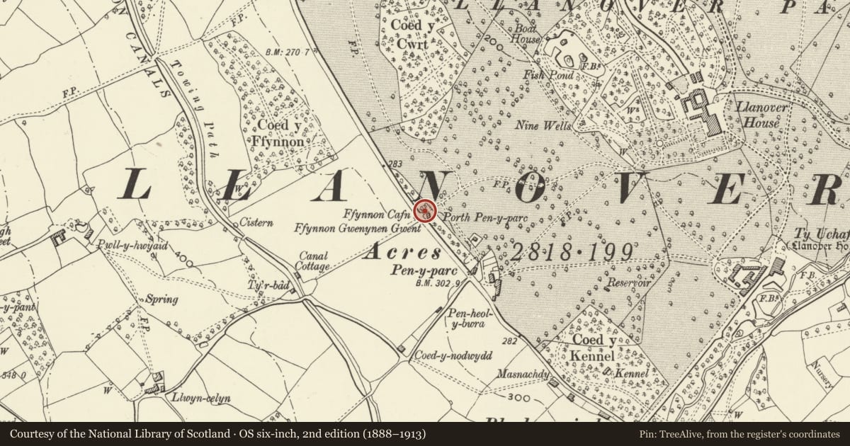 Ordnance Survey six-inch map, 2nd edition (1888–1913) covering the location of Wall, Gatepiers and Gates at Porth Pen-y-parc, Goetre Fawr, Monmouthshire, with a pin at the register's coordinates