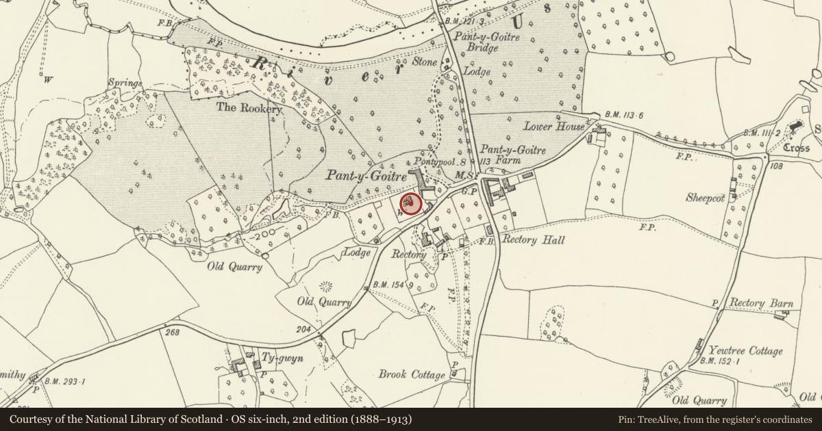 Ordnance Survey six-inch map, 2nd edition (1888–1913) covering the location of Walled Garden at Pant-y-Goitre, Gobion Fawr, Monmouthshire, with a pin at the register's coordinates