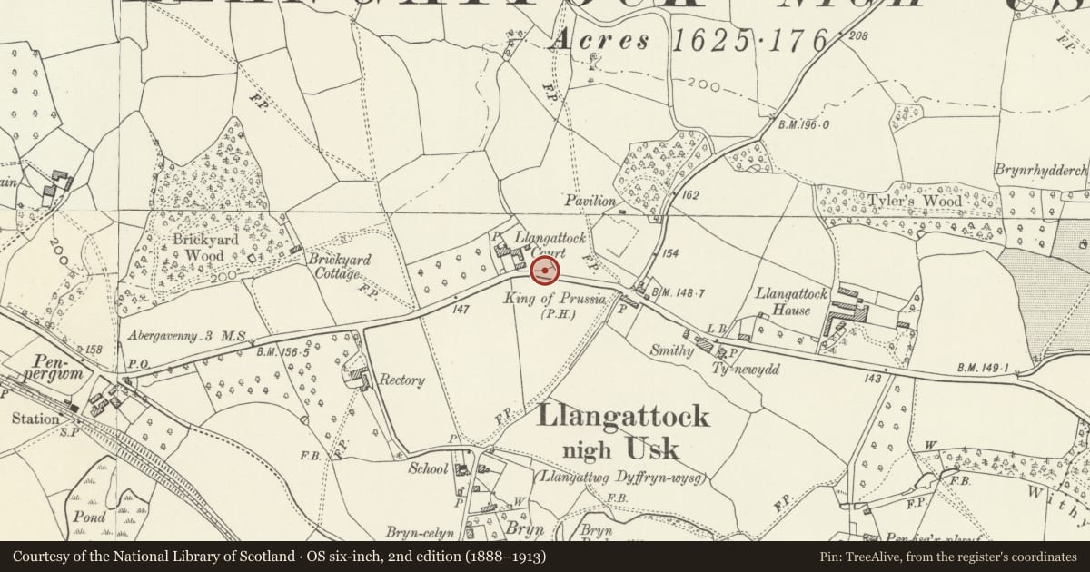Ordnance Survey six-inch map, 2nd edition (1888–1913) covering the location of Water Trough near Llangattock Court, Gobion Fawr, Monmouthshire, with a pin at the register's coordinates