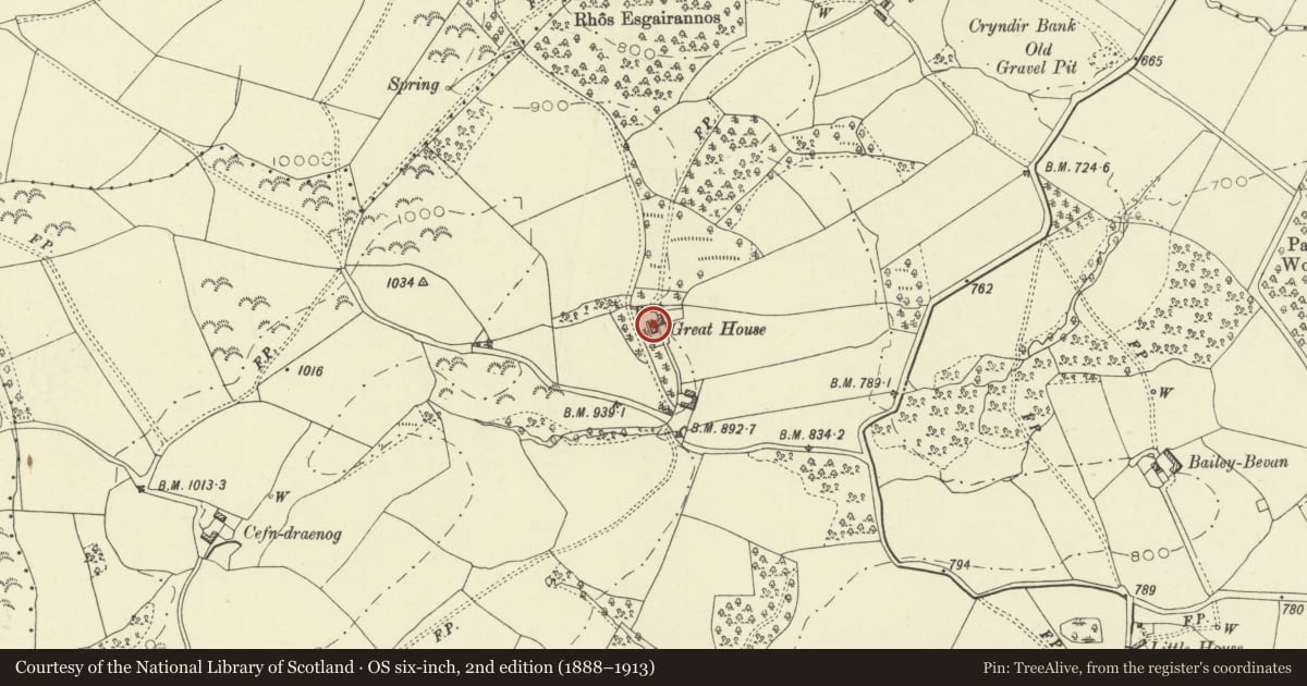 Ordnance Survey six-inch map, 2nd edition (1888–1913) covering the location of Great House, Llanyre, Powys, with a pin at the register's coordinates