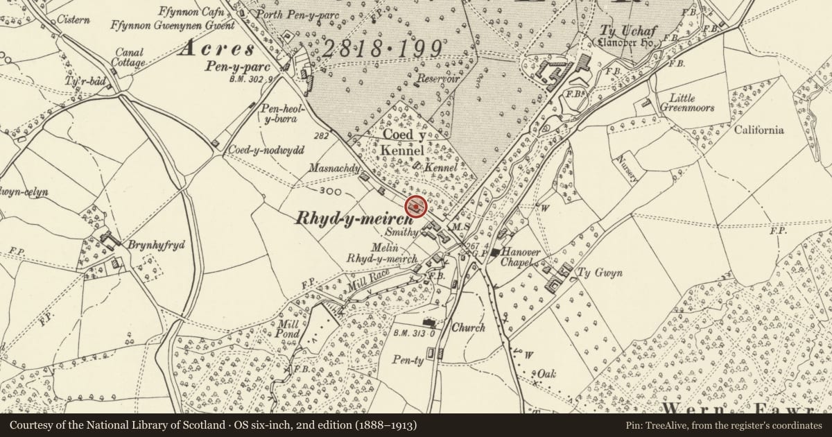 Ordnance Survey six-inch map, 2nd edition (1888–1913) covering the location of Y-Fedwarian, Goetre Fawr, Monmouthshire, with a pin at the register's coordinates