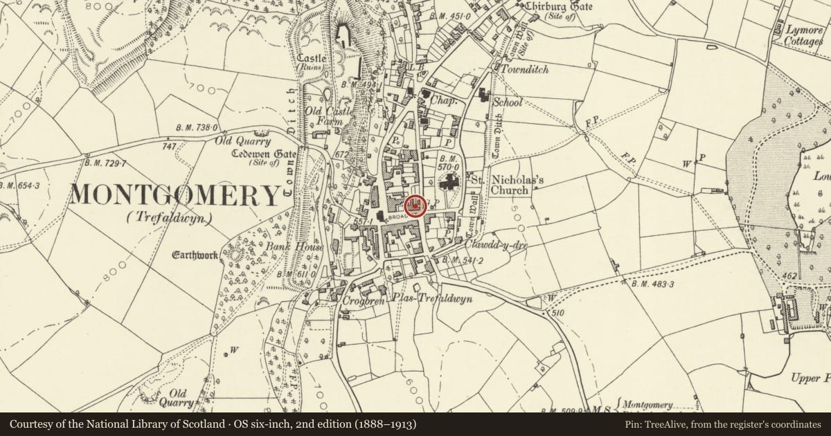 Ordnance Survey six-inch map, 2nd edition (1888–1913) covering the location of Cotswold, Montgomery, Powys, with a pin at the register's coordinates