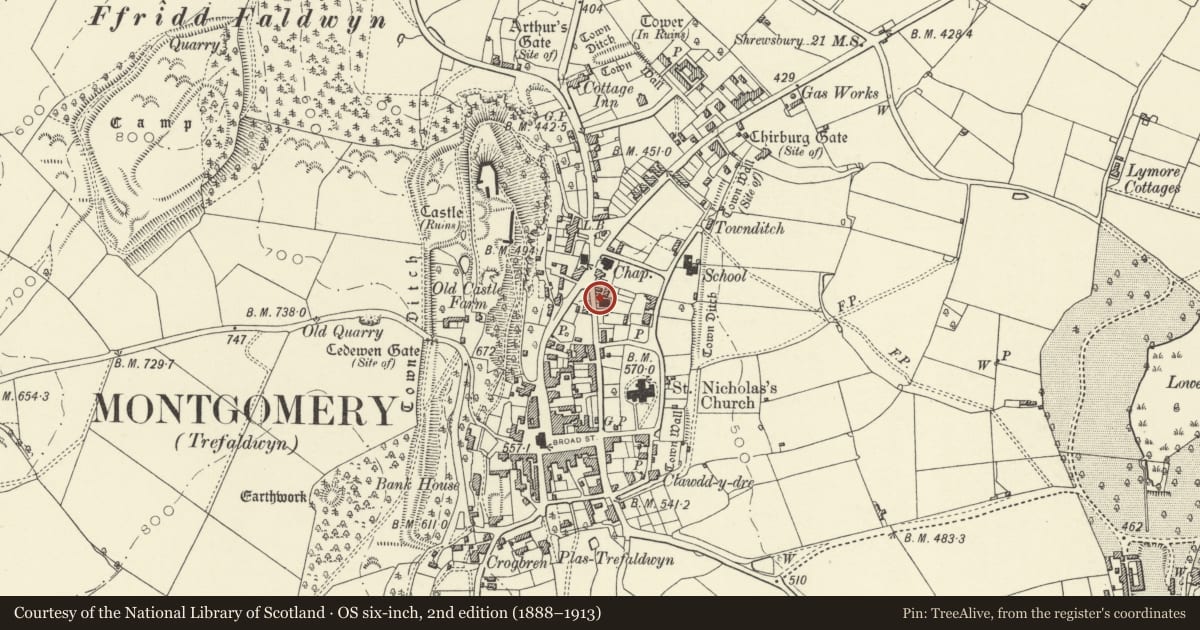 Ordnance Survey six-inch map, 2nd edition (1888–1913) covering the location of Gatepiers, wall and railings to Montgomery Presbyterian Church, Powys, with a pin at the register's coordinates